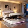 HYNHXBP Letto baule 160 x 200 cm con rete, luce LED e ricarica USB, letto matrimoniale con spazio di archiviazione, testiera regolabile, beige lino, materasso non incluso