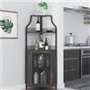 OPULENTHOME Mobiletto angolare per vino con tavolo da lavoro, armadietto per vino in legno con 5 ripiani e 2 supporti in vetro e porta a rete, per cucina, soggiorno, sala da pranzo (152 x 90 x 32 cm