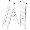 KINGRACK Scaletta 5 Gradini Pieghevole in Alluminio Leggera con Corrimano, Blocco di Sicurezza, Pedali Antiscivolo, Scala per Cucina Garage Casa, Salvaspazio Robusta e Portatile Massima 150kg, Argento