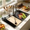 OMGMTSTORE Lavandino Cucina 75 x 45 cm,Lavello Cucina 1 Vasca con LED Rubinetto,Lavabo Cucina in Acciaio Inox con Sifone e Set di Drenaggio,Lavello Cucina Nero Antracite con ricambio interno,tagliere