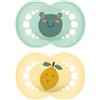 MAM Original Succhietto 16+ Mesi (Set da 2), Ciuccio MAM 16 36 mesi con tettarella ortodontica in caucciù, Kit da 2 accessori neonato con pratico porta ciuccio sterilizzatore, Verde/Giallo