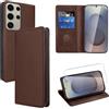 Vauki Custodia in pelle per Samsung Galaxy S25 Ultra 6.9 con 1 vetro temperato, custodia a portafoglio in PU con porta carte, supporto flip, housse magnetica antiurto e antigraffio, Marrone