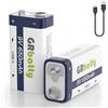 GRbatty Batteria 9V Litio Ricaricabile USB C 650mAh Ad Alta Capacità,Pila 9V Ricaricabile con 1500 Cicli Confezione da 2