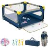 GYMAX Box per Bambini Pieghevole, 150x150x76,5 cm, 50 Palline Oceaniche, 4 Maniglie, Borsa da Trasporto, Cancello Recinto di Sicurezza, Parco Giochi, Rete Traspirante, No Installazione (Blu)