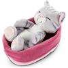 NICI Gattino Giocattolo Grigio tigrato in Cestino Rosa-Viola 16 cm - Sleeping Kitties Gattini addormentati - Morbidi micetti per Bambini, Ragazze e Ragazzi - Peluche Gatti per Gioco, Coccole e Nanna