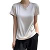 Adhdyuud Maglietta a maniche corte in seta da donna estiva tinta unita con scollo a V Top lavorato a maglia, Champagne, M
