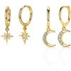 Cerslimo - Orecchini a cerchio da donna in oro con piccoli zirconi e ciondolo a forma di luna e stelle, per donne e ragazze, placcati in oro 10 K, Metallo, zirconia cubica