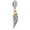 Fantasticharm Ciondolo charm ala di angelo custode in argento sterling 925 genuino, perla pendente con piuma adatta per braccialetti in stile europeo (ali d'angelo pendenti con charm cuore dorato)