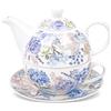 fanquare Elegante Set di teiera da tè per Una Persona in Porcellana 400ml,Design a Fiori Blu e Ortensie Set da Tè Individuale Motivo Floreale ad Acquerello per Colazione Cappuccino Casa e Ufficio