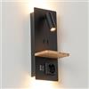 Alpinaluz Applique da parete nero con luce di lettura orientabile 3 W e luce ambientale 6 W 2800 K - porta di ricarica USB A+C, spina Schuko e ripiano in legno per camera da letto e testiera