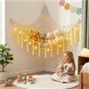 AUAUY Amaca Porta Peluche, Boho Giocattoli Rete Portaoggetti con Ganci, Ampia Amaca Angolare con Luci a LED a Stringa e Nappe, Porta Peluche In Tessuto per Riporre Oggetti e Decorare-Beige