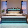 BRILVERDE Cama tapizada 180x200 con almacenaje, con 4 cajones, Cama matrimonial con Toma USB y luz LED, con cabecero y somier de láminas, Lino (Grigio, 180 x 200 cm)