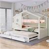 Kebnor Lettino per bambini 90 x 200 cm, con letto estraibile 90 x 190 cm, design a forma di casa, con due cassetti, con porte di ricarica USB e di tipo C e LED, con ripiani, letto multifunzione