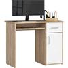 AKORD Scrivania per PC PIN con ripiano per tastiera, scrivania piccola con cassetti, scrivania per computer, scrivania da ufficio, 1 cassetto, 1 ripiano con porta, 90 x 74 x 50 cm, 29 kg, rovere