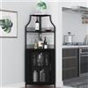 OPULENTHOME Mobiletto angolare per vino con tavolo da lavoro, in legno, con 5 ripiani e 2 supporti in vetro e porta a rete, per cucina, soggiorno, sala da pranzo (152 x 90 x 32 cm, nero)