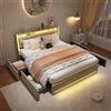 Syeklaoo Letto matrimoniale 140x200cm, Letto Contenitore con LED, Letto Imbottito con 4 Cassetti, con Porte di Ricarica USB e Type-C, Letto a cassetto con spazio contenitore Beige Lino 140×200cm