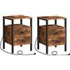 HOOBRO Set di 2 Comodini con Presa di Corrente e Porta USB, Tavolini con Cassetti e Piano Portaoggetti, per Spazio Piccolo, Soggiorno, Camera da Letto, Marrone Vintage e Nero EBF43CBZP201