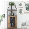 OPULENTHOME Mobiletto angolare per vino con tavolo da lavoro, in legno, con 5 ripiani e 2 supporti in vetro e porta a rete, per cucina, soggiorno, sala da pranzo (152 x 90 x 32 cm, colore legno