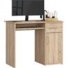 AKORD Scrivania per PC PIN con ripiano per tastiera, scrivania piccola con cassetti, scrivania per computer, scrivania da ufficio, 1 cassetto, 1 ripiano con porta, 90 x 74 x 50 cm, 29 kg, rovere