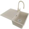 PRIMAGRAN Lavandino da Cucina Beige 70x50cm, Lavello in Granito a 1 vasca + Rubinetto 38x14cm + Set di accessori, Lavabo da Cucina Incasso al Mobile 40cm - Copenhagen Top S127