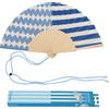 Fisura - Ventaglio in Legno Fantasia Righe e Onde Blu, Accessorio Estivo Moderno e colorato, con Laccetto Incluso, Idea Regalo Donna, 42,5 x 23 cm