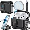 Joremx Compatibile con Custodia AirPods 4 con supporto per telefono, Cover in design fibra di carbonio per AirPods 4 versione ANC con chiusura automatica a scatto e pennello per pulizia (Nero)