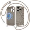 Xylota Cover Magnetica per iPhone 15 Pro 6,1 con Cordino, Compatibile con MagSafe, Aesthetic Leopardata Disegno Custodia con Corda Collana, Morbido Silicone Liquido TPU Bumper Antiurto Case, Marrone