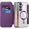 QIWEIQING Cover Magnetica per Samsung A57 5G Ricarica wireless Magnetica, Blocco RFID Porta Carte Protezione Fotocamera Custodia con Patta Trasparente Cover per Galaxy A57 5G. Viola JDC