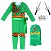Delanhon Set costume da guerriero ninja per bambini, blu, verde, rosso, oro, con accessori per maschera (verde, 140)