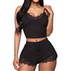 KOEMCY Pigiama Donna Corti Camicie da Notte Pizzo Cami Top Pantaloncini Set Sexy Scollo a V Indumenti da Notte Crop Top Casual Sleepwear Lingerie (Nero,S)