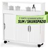 Shally Dogan Mobile da Bagno con 4 Ruote Girevoli a 360°, Carrellino Stretto con Ante Scorrevoli e Ripiani in Legno Bianco, Armadietto Carrello Slim Salvaspazio per Cucina, Sgabuzzino, Multiuso