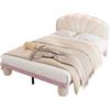 Azkoeesy Lettino imbottito per bambini con strisce luminose a LED e testiera a forma di conchiglia, con gambe rotonde imbottite, con rete a doghe, letto per ragazzi e ragazze, rivestimento in velluto