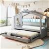 Kebnor Letto per bambini 90 x 200 cm, con letto estraibile 90 x 190 cm, design a forma di casa, con due cassetti, con porte di ricarica USB e di tipo C e LED, con ripiani, letto multifunzione (grigio