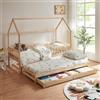 [en.casa] Letto per Cameretta a Forma di Casetta con Letto Estraibile Struttura in Legno di Pino a 2 Piazze con Barriera Anticaduta e 2 Cassetti 90x200 cm - Naturale