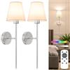 NIORSUN Set di 2 applique da parete a batteria, lampade da parete ricaricabili in nichel spazzolato con lampadine rimovibili dimmerabili da 5200 mAh e telecomando, applique wireless in 10 colori, per