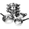 AKIZA Pentole in Acciaio Inox Set da 12 Pezzi con Coperchi in Vetro Fondo a Induzione Batteria di Pentole e Padelle Bollilatte