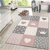 TT Home Tappeto da gioco per bambini, a quadri, con puntini, stelle e luna, colori pastello bianco e grigio, Dimensione:140x200 cm