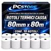 PcStore Rotoli Termici 80x80mm x 80m 55gr - Confezione 10 Rotoli Carta Termica POS Senza BPA per Registratori di Cassa, Stampa Chiara e Professionale