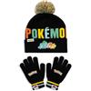 Pokémon Set cappello e guanti per bambini - Berretto con pompon e guanti elasticizzati, set di accessori invernali in maglia nera, 100% acrilico, taglia unica