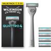 Wilkinson Sword Quattro, rasoio uomo, manico, 5 lame di ricarica | Rasoi uomo a 4 lame rivestite in diamante, griglia protettiva per ridurre le irritazioni, impugnatura ergonomica, 5 ricariche