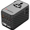 Verbatim GaN - Adattatore universale da viaggio, 170 W, nero, adattatore per presa e 3 USB C, 1 porta USB-A, 2 connettori USA/JP, caricatore rapido per laptop, smartphone e molto altro ancora