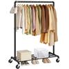 SONGMICS Stand Appendiabiti, Struttura in Metallo, 59 x 100 x 163 cm, con Ripiano Portaoggetti e Rotelle, 2 Ruote con Freni, Portata fino a 90 kg, Nero HSR61BK