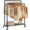 SONGMICS Stand Appendiabiti a Doppia Barra, Struttura in Metallo, 59 x 100 x 162 cm, con Ripiano Portaoggetti e Rotelle, 2 Ruote con Freni, Portata fino a 110 kg, Nero HSR60B
