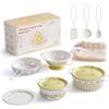 ROBOTIME Set di utensili da cucina in latta, set di pentole con fiori giallo crema, mini accessori da cucina da gioco, pentole e padelle giocattoli con una borsa a rete, stile francese, per bambini