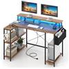LIFEZEAL Scrivania Porta Computer con Luci, Scrivania Angolare a Forma di L, con Multipresa, Supporto Monitor, Telecomando, Gancio, Tasche Portaoggetti, Salvaspazio, Lavoro, Ufficio, Gaming, Marrone