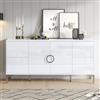 YuQozii 150 x 38 x 59,5 cm, armadietto da soggiorno con 4 cassetti, 2 ante dell'armadio, credenza lucida, una cassettiera con piedini in metallo, ampi armadietti senza maniglie, colore bianco, MDF