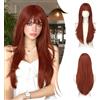 RUWISS RUWIS Rosso Mattone Parrucca Lunga Layered Con Frange per Donna, 65cm Parrucche Naturale e Liscia Dritto Fibra Sintética Resistente per Uso