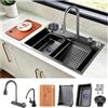 ATHOMASM - Lavello da cucina in acciaio inox a 1 vasca da incasso, 70 x 50 cm, colore nero, grigio, con design a cascata, rubinetto estraibile, stazione di lavoro e scolapiatti