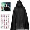 Seasboes Costume di Halloween, mantello nero, mantello con cappuccio, costume da falciatore con 20 tatuaggi kmporari, costume da vampiro per Halloween, feste, cosplay, età 4-12 anni