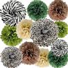 ANSOMO Jungle Safari Carta velina Pom Poms Animale Selvatico Leopardo Zebra Stampa Ghepardo Decorazioni per feste Verde Salvia Fiori Marrone Appeso alla Parete Decorazione Tavolo Centrotavola